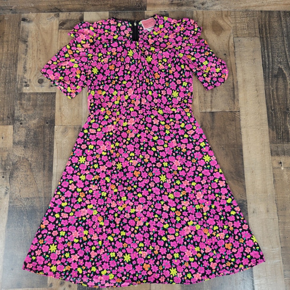 Kate Spade New York Marker Pink Floral Crepe Midi Dress Short‎ Sleeve Size 4